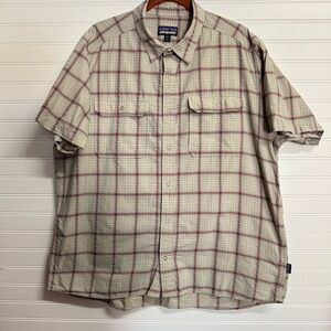 Patagonia Men's Cotton Shirt Sz XXL Cream Black Red Check Pattern Short Sleeve